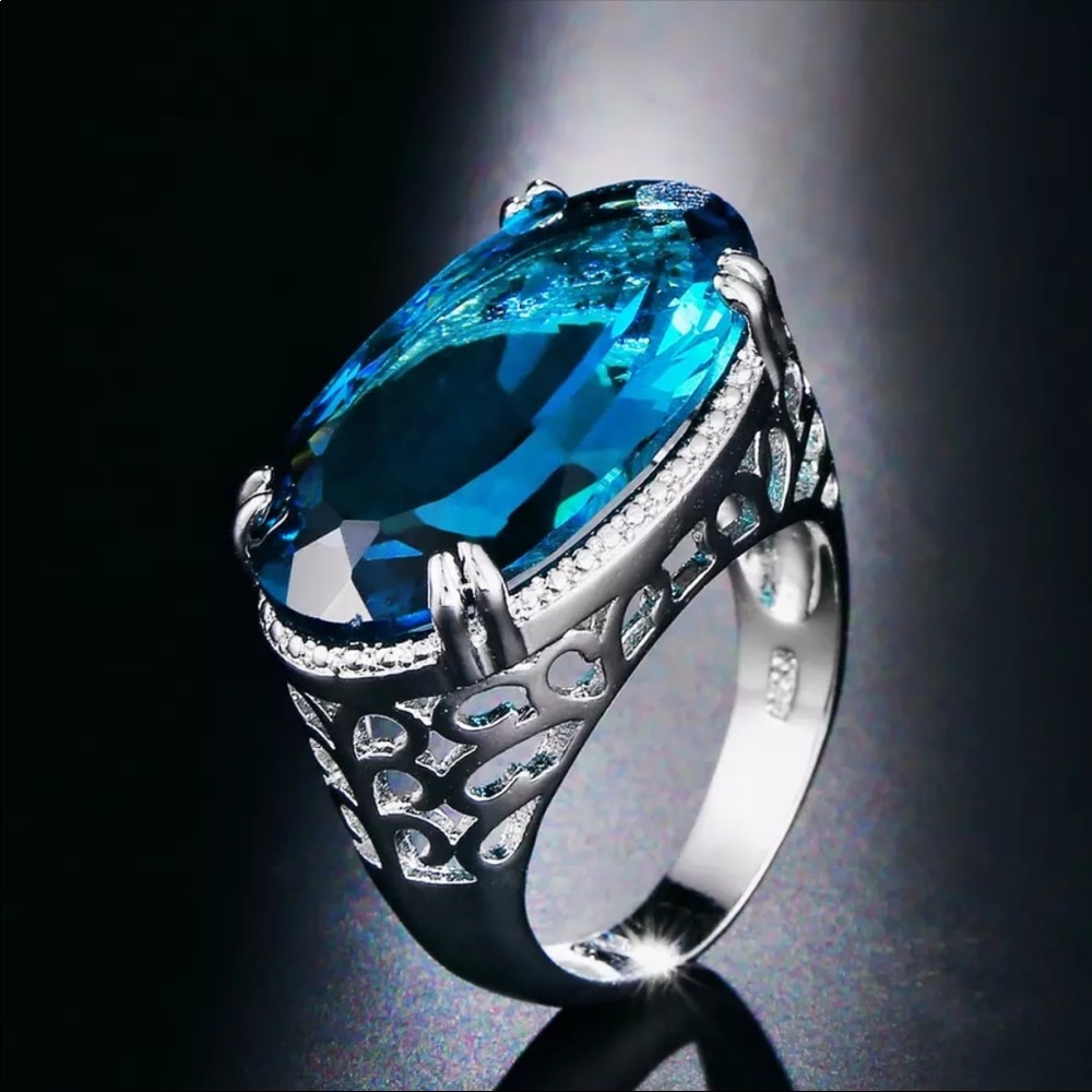 🍃🦋Chunky Ocean Blue  Silver Statement Ring🍃🦋